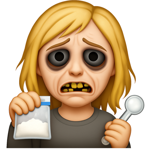Blond haired white female, with yellow-stained teeth, and several teeth missing. Sunken cheeks, dark black spots around her low , frantic eyes , holding a baggie of white powder in one hand and an glass oil burner in the other