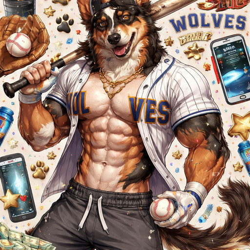 Hot, Attractive and handsome Jacked College Baseball Player Dog that is a mix of German Shepard mixed with a Australia Shepard Bara furry iPhone Pattern for a Wallpaper