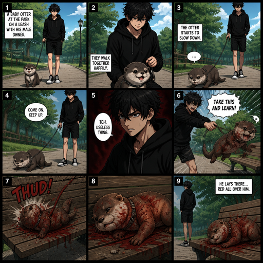 A comic book Picture by picture and shows impact of a A baby otter at a park on a leash and his male Cute and Handsome wearing a Black Hoodie and Shorts owner the owner Walks him and the otter starts to slow down and the owner and then the owner throws the otter at a Bench and the otter lays there and the otter is red all over him