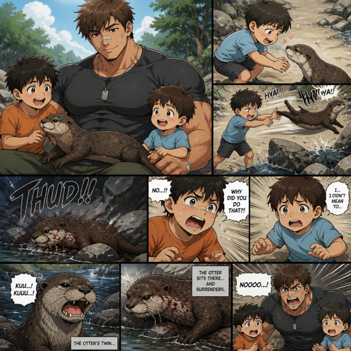 A DETAILED AND LIFELIKE ANIME Comic Book story view of a Bulky but Muscular ANIME Cute Bara Man With Peach toned skin Who looks Normal aind round facial Structure and Basic facial structure With Puffy and Big Pecs that are visible through the shirt and Biceps and Bandaid on his nose and Brown Fluffy and Strait hair. Wearing normal With his pet Grown and long and healthy realistic otter and 2 little brothers that are in different ages but young. and then his favorite otter crawled up to the youngest brother. The youngest brother throws the otter into a Rock. In the otter’s twin goes to him and cries. and the otter sits there and surrenders.