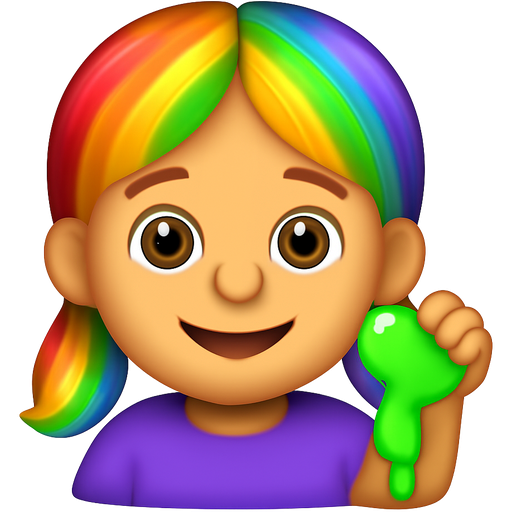 Make a girl, but the girl is a little girl in her hair is rainbow and she has slime in her hand, and she has a nice smile on her face