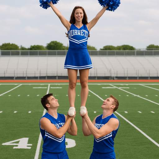 A cheer stunt with a brown haired girl as a flyer and two men as bases and the uniform are blue and white and say hornets and a American football field behind them