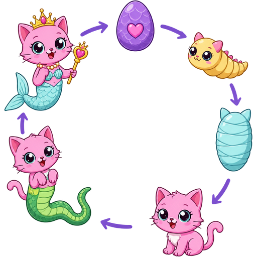 Life cycle of pink cat with blue mermaid tail purple egg yellow larva light cyan cocoon pink cat pink cat with green snake like body pink cat with light cyan mermaid tail princess clipart cartoon style