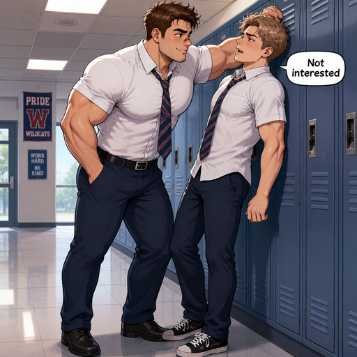 A Full Body ANIME COMIC BOOK of a Bulky medium sized but Muscular and more Muscle than Fat ANIME CUTE Bara Man Who looks Normal and American with a round facial Structure and Basic facial structure With PUFFY and BIG Pecs that are visible through the shirt and Biceps with a cut on his nose. Wearing a School Uniform. Pinning his crush to the lockers and His male crush says “Not interested”