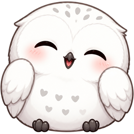 A white owl smiling, with words “Good nite 🖤” above! stars above the owl. and a little red heart. mochi cat style