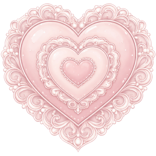 A aesthetic light vintage pink heart with swirling vintage pink lace around the edge with white lines on them too and the heart has another of the same heart I just described inside of it.