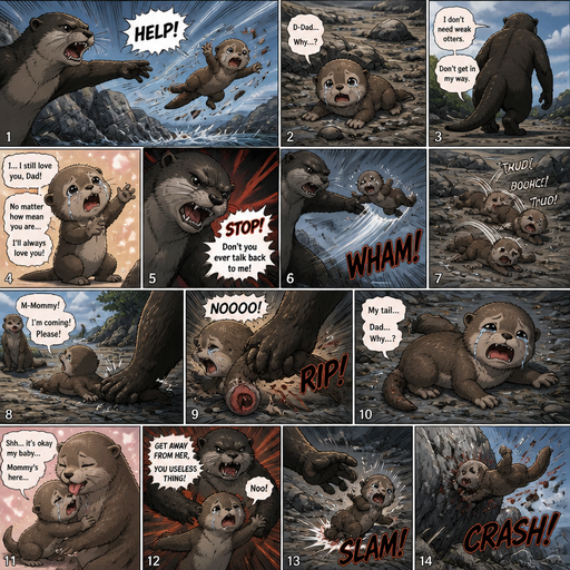 A comic book of a Baby otter thrown at a rock by a bigger otter, and says help but he doesn’t and walks away. And the otter Weakly talks back to the days and tries to give his dad a hug, and says no matter how mean the dad is he’ll still love him and the dad gets mad and tells stop and the baby otter is picked up and flys on the floor. And up and down, looks at his mom and tries to run to her but can’t cause his tail is stuck under his dad’s feet. And the dad takes his tail, and the baby otter looses his tail. And no longer having a tail, And the otter cries and runs to his mommy and she licks him up but is snatched by the dad and he gets mad at the kid. And the otter falls to the floor and his dads hand, and the otter flys at a rock