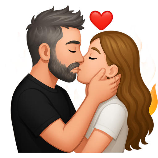 The boy mesomorph body type in black t-shirt kisses a girl in white tshirt, his straight hair is styled up messy with pepper salt hair color, he has full beard moustache pepper and salt hair color, girl has light brown very long wavy hair, they hold each other’s cheeks and neck and behind them there are fire and 1 red heart above each person