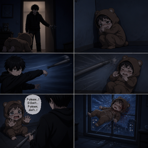 He opens the door and the baby in BEar clothes crawls into a corner scared. Then a bat is flung and he misses The the baby flinches and begs not to but he doesn’t listen and the baby flys and hits the window and lays there