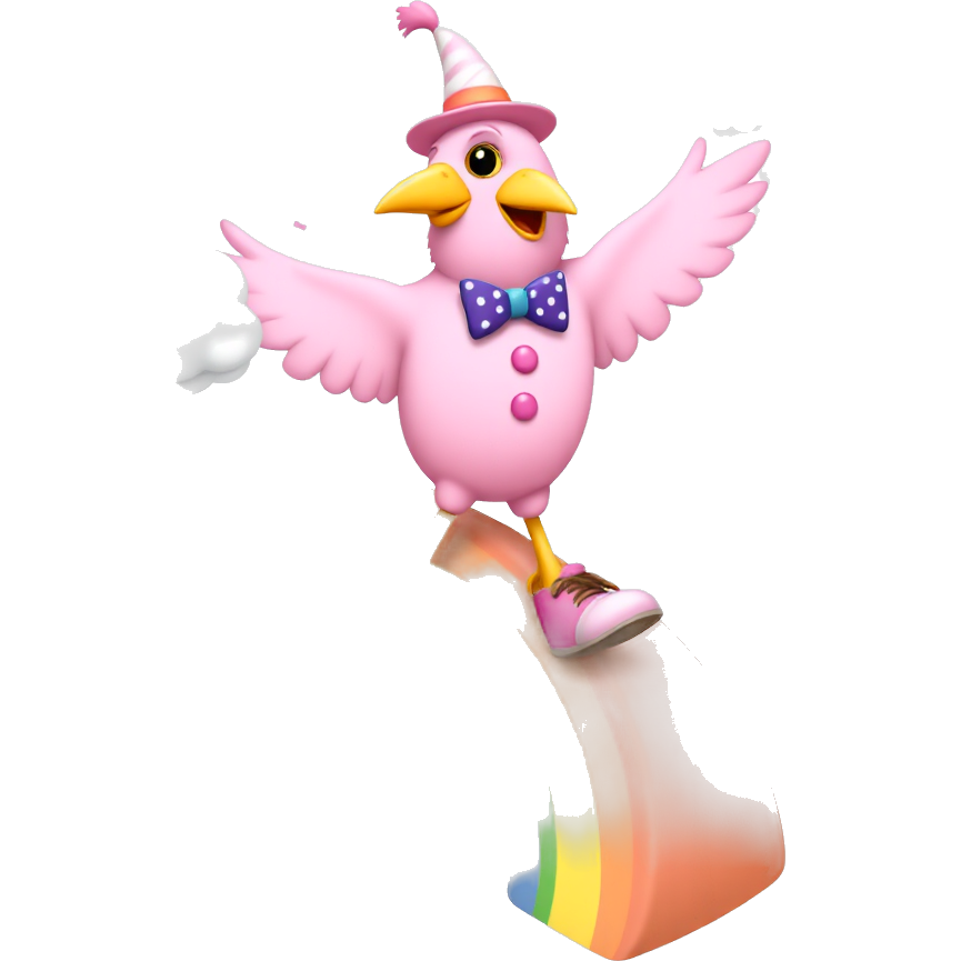 Whimsical pink crow sporting oversized clown shoes and a polka-dotted bow tie, twirling atop a giant, floppy rainbow with confetti rain falling around. The rainbow giggles, while the crow pretends to juggle cotton candy clouds, creating a delightful spectacle of silly joy! ๐๐๐ฆฉ๐