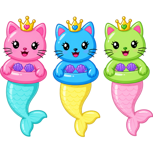 rubber pooltoy pink cat princess with a rubber pooltoy long light cyan mermaid tail rubber pooltoy blue cat princess with a rubber pooltoy long light yellow mermaid tail rubber pooltoy green cat princess with a rubber pooltoy long light pink mermaid tail clipart
