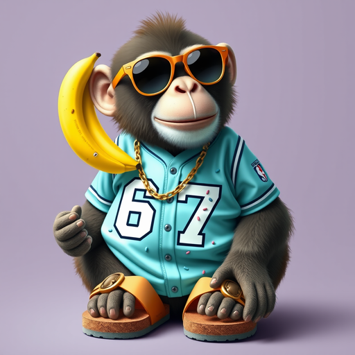 Make a monkey that’s wearing Birkenstocks as there shoes, its hands are bananas, it has gold chains, it has baseball sunglasses, and is wearing a 67 jersey with ice cream drops that are light blue light pink and mint green and have sprinkles on the jersey