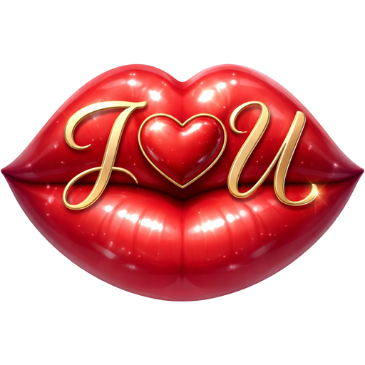 I❤︎U written in swirling script on shiny red, plump, puckered lips with a beautiful shape and a 3D effect that makes them look puffed out for a realistic appearance.
