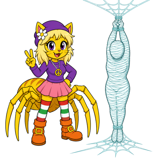 Yellow cat anthro with purple eyes blonde hair purple hat with white flower peace sign necklace purple long sleeved shirt pink skirt long red white green socks orange boots with yellow buckles drider hybrid next to #B8FFFF mummified completely covered human shaped cocoon completely covered hanging on the ceiling by wrists tied up with #B8FFFF spider webs and ankles tied up with #B8FFFF spider webs on the floor