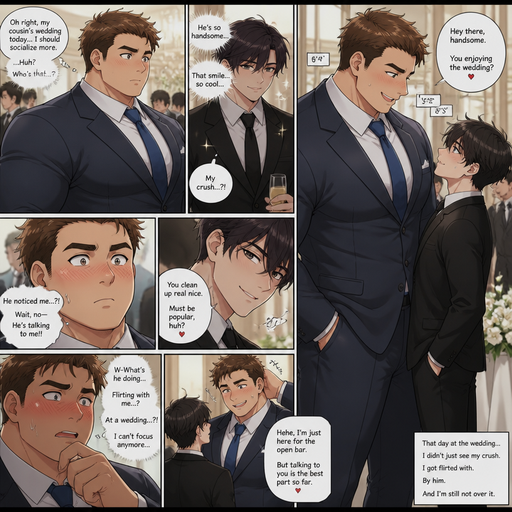A DETAILED AND LIFELIKE ANIME Comic Book story view of a Big but Bulky ANIME Cute Bara Man With Peach toned skin Who looks Normal and 20 years old and round facial Structure and Basic facial structure With Puffy and Big Pecs that are visible through the shirt and Biceps and Brown short hair. Wearing a Suit. At wedding and sees his crush and he looks so handsome he is 6’4 but his crush is 5’5 and fully grown and he tower over his crush when he flirts