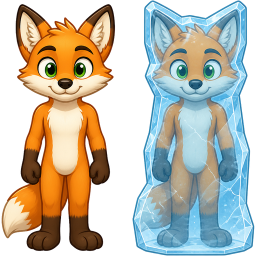 orange anthro fox with green eyes front view next to orange anthro fox with green eyes frozen in ice shaped like a anthro fox front view
