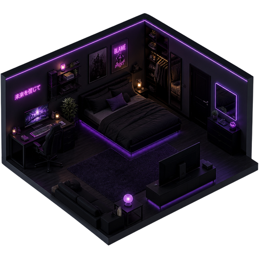 : “dark aesthetic bedroom, moody lighting, black and deep purple tones, LED neon lights, cinematic vibe, modern edgy decor, soft shadows, cozy but mysterious atmosphere, ultra realistic, high detail”