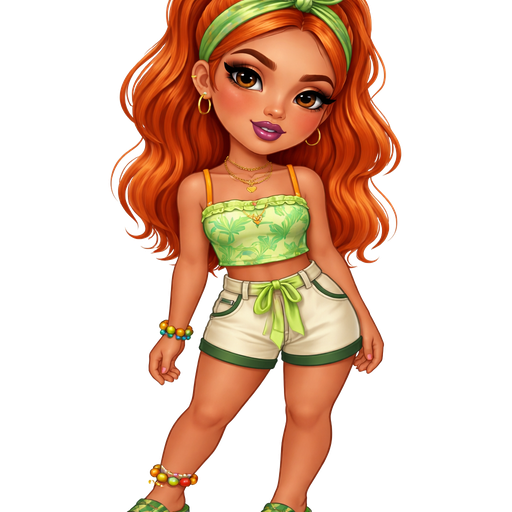 Tangerina Torta with a Medium-Tan Neutral Pecan Skin Tone with an Uneven Lip Shape and a Cat-Eye Shape Lashes with a Midnight Purple Lipstick Finish Look and a Warm Rose Gold Eyeshadow going into a Thick Eyebrow Shape with a Round Eye-shape and a Square Face Shape with Bright Orange Hair in a Half up Half Down Ponytail in the Back with Scrunchie being in a Light Green and Dark Green With a Tie-able Light Green and Dark Green Head Band with The Band Hiding Most of it and Light Pink Blush Wearing a Green Crop Top with a Print Pattern of Light Green with Lime Green Leaves and Lime Green Ruffles at the Top with Orange Straps with a Green and Orange Bead Bracelet Wearing Beige Shorts and a Lime Green Tie up Belt and a Dark Green Lining of the Left Pocket Wearing Green Slip in Flip Flops with a Black a Green Plaid Pattern and Yellow Lining and an Orange and Yellow Bead Bracelet on the Right Leg and Luxury Glossy With a Mature Adult Toned Build