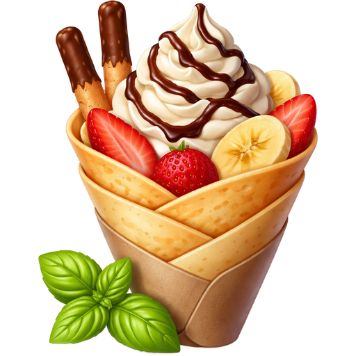 Crepe Cone with Whipped Cream and Chocolate Syrup on top and Strawberries and Bananas on the side Along with Chocolate Dipped Bread Sticks with a Basil Leaf Next to it
