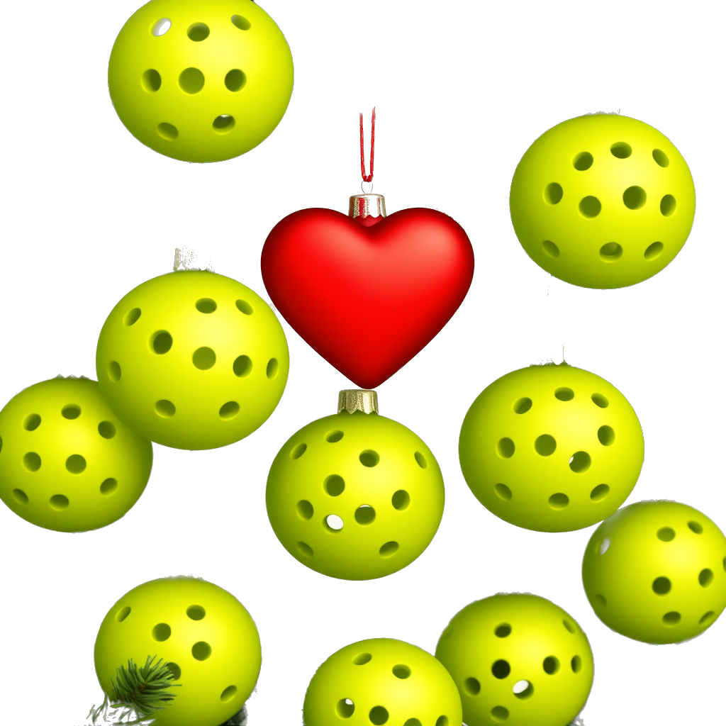 Lime green colored Perforated pickleballs with many equally spaced holes as Christmas tree ornaments and a big red heart ornament in the middle all hanging on Christmas tree branches