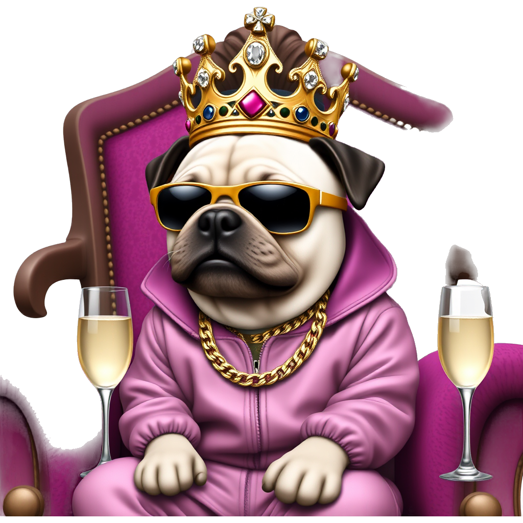 "Regal rapper pug adorned in a glimmering diamond-studded gold chain, decked out in a velvet crown, stylish sunglasses, and a silk, jewel-toned tracksuit. Surrounded by sparkling champagne flutes and plush velvet cushions, perched confidently on a throne of opulence."