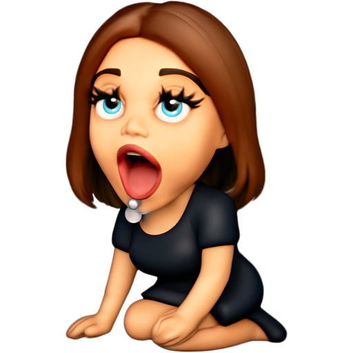 White woman, medium length brown hair, gray eyes, long thick lashes, kneeling, full lips with red lipstick, mouth open, tongue out, drooling, wearing black dress