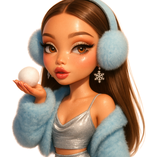 luxury glossy bratz-doll romantic aesthetic, warm cinematic glow, crisp clean detail, glossy glam skin. brown eyed Petite girl, fair skin with soft freckles, long wide face with tall forehead, honey-golden almond wide-set upturned eyes, fluttery lashes, shimmer highlight, plush lips, bottom heavy lip, sweet Belle-princess vibe, long straight brunette hair with visible light blonde highlights, softly defined feminine body, soft hourglass shape with full round bust, blowing a snowball in hand, icy sky blue fur cropped coat, matching ear muffs, metallic draped-neck silver cropped cami, silver sequin micro-skirt, translucent heels, snowflake earrings, glitter on collarbone, icy pink gloss, silver eyelids, white inner eye highlight, hair sleek middle part completely draped over one shoulder. Cozy romantic glow, soft warm lighting, pop-princess energy
