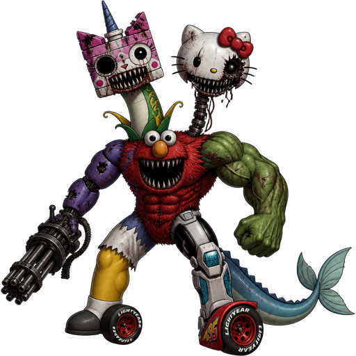 Amalgamation unikitty's head with serperior's neck with hello kitty's head with mangle's neck elmo's body toy Bonnie's left arm with left Gatling gun hand weapon hulk's right arm homer simpson's left leg teen titans go cyborg's right leg with lightning mcqueen's wheels and vaporeon's tail