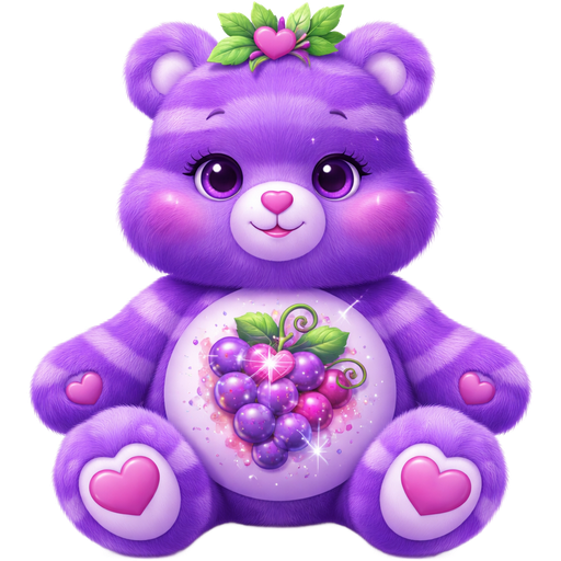 Grape Vibes Care Bear with Jam Purple, Iris Purple and Mauve Purple Striped Pattern Fur with Light Purple and Dark Purple Heart Shaped Grapes with a Magenta Heart in the middle and Pink Orange and Lilac Whirls within the Grapes and White Sparkles in the Middle the Stem of the Grapes is a Curled Loop Styled Heart with Pink Sparkles Surrounding it with 3 Leaves on the Tufts of the Hair with Hearts on the Paws