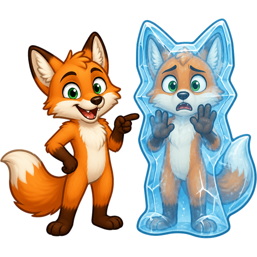 orange anthro fox with green eyes next to orange anthro fox with green eyes frozen in ice shaped like a anthro fox