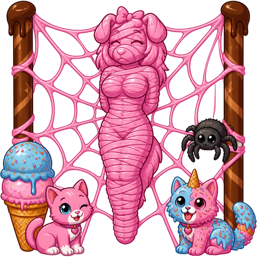 pink bubblegum mummy-like-cocoon anthro dog girl furry entombed wrapped up and mummified fully covered in a pink bubblegum cocoon shaped like anthro dog girl furry with arms behind back with pink bubblegum wrappings completely covered with thick layers non-transparent pink bubblegum wrappings pink cocoon on a giant spider web made of pink bubblegum between two chocolate poles next to ice cream + cat + spider + blue and pink with sprinkles=hybrid