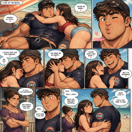 A REALISTIC AND LIFELIKE Comic Book long Story of a Bulky but Muscular ANIME Cute Bara Man With Peach toned skin Who looks Normal and a huge and Masculine round facial Structure and Basic facial structure With Puffy and Big Pecs that are visible through the shirt and Biceps and Bandaid on his nose and Brown Spiky hair and His Hair Curls At the tip of strands. Wearing a Fireman athletic shirt but no gear and short shorts with A Hat with glasses and has a Hairy body. And he makes Kissy faces At her and she lays on him and puts her arms around his neck and he Likes it at the Beach and They Cuddle close and There faces are close too. And He Makes cute Faces and looks adorable and Hugs Muscular Bear and She loves it and he they laughs and his mom doesn’t like her