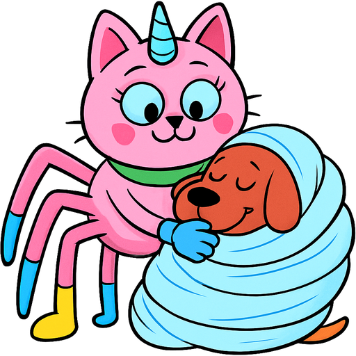 giant pink cat spider hybrid with blue unicorn horn green collar blue eyes with eyelashes heart shaped cheeks white wrists blue hands blue pink spider legs with white socks yellow boots cartoon character happy cuddling #B8FFFF cocoon slikworm cocooned pod big red dog happy sleeping covered with #B8FFFF huge coating of #B8FFFF spider slik and huge #B8FFFF spider slik wrappings and huge #B8FFFF spider slik webbing wrappings #B8FFFF