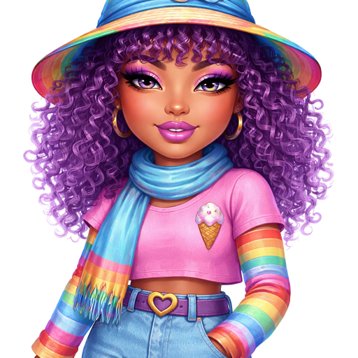 Rainbow Sherbet with a Medium-Tan Cool Honey Skin Tone with a Cupid’s Bow Lip Shape with a Staggered Eyelash Look with a Frosted Purple Lipstick and a Pink and Blue Eyeshadow Ombré Combo with a Hooded Eye Shape and a Square Face Shape Wearing a Blue Foldable Flipped up Straw Sun Hat and the Brim is Blue and Underneath it is Rainbow with Frizzy Purple Curly Hair Including Bangs With a Light Blue Button on the Very Top of the Hat Wearing a Long Sleeve Rainbow Shirt with a Pink Short Sleeve Shirt Over it and a Vanilla Ice Cream Cone Print Picture on Left Side Wearing a Blue Scarf with Ends Being Rainbow and Turquoise Blue Denim Pants With a Purple Belt and a Gold Buckle with Yellow Socks and Pink Flats with a Mature Adult Toned Build and Luxury Glossy
