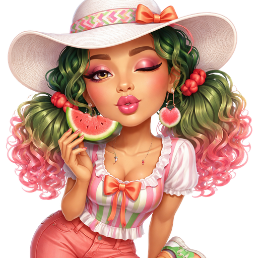 Watermelon Kiss with a Warm Sand Skin Tone and a Pointy Natural Lip Shape with a Mature Adult Toned Build and a Sparkling Rose EyeLash Style Look with a Sugar Plum Lipstick Finish adding along A light Ombré Pink Eyeshadow With a Steep Angled High Arched Eyebrow with a Sort of Upturned Eye Shape and a Square Face Shape Wearing a White Floppy Sunhat with the Ribbon in the middle being a Pattern of V-Shapes on White, Green, and Pink with a Orange Thin Bow on the Left Side With Green Tight Curly Hair in Pink Highlights in Two Ponytails and the Scrunchies are Red Wearing a Short Sleeve Dress Shirt With White Ruffles at the bottom and the V-Neck in Pink with the top Half Being White and the Middle is Pink with Green Stripes With a Orange-Pink Bow at the top Also Wearing Orange-Pink Denim Pants With the Bottom Rolled up and Green Sneakers and Luxury Glossy