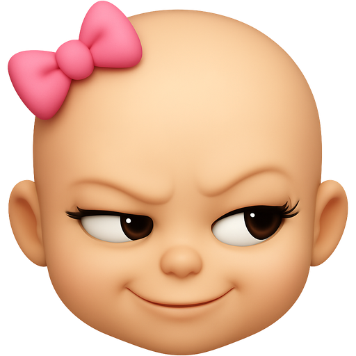 A bald baby with no eyebrows being creepy left and thick eyelashes and giving the side eye smirking at me and a pink bow