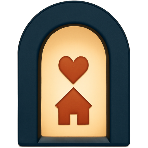 A minimalist emoji of a dark blue doorway or archway, emitting a warm beige light. Inside, a simple terracotta heart or home symbol is visible. White background. Represents a safe space in therapy.