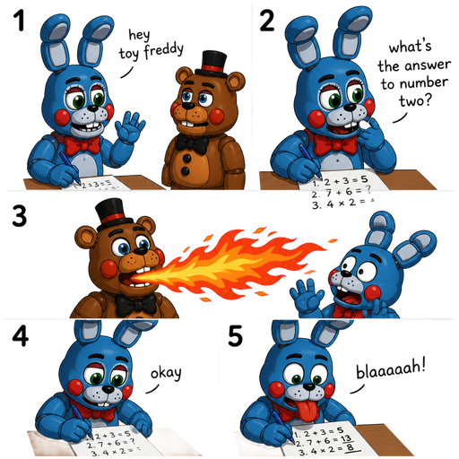 toy bonnie writing with pen doing maths 1hey toy freddy 2 what's the answer to number two? 3( toy freddy breaths fire out his mouth) toy bonnie okay 4 blaaaaah! writing with pen doing maths 5