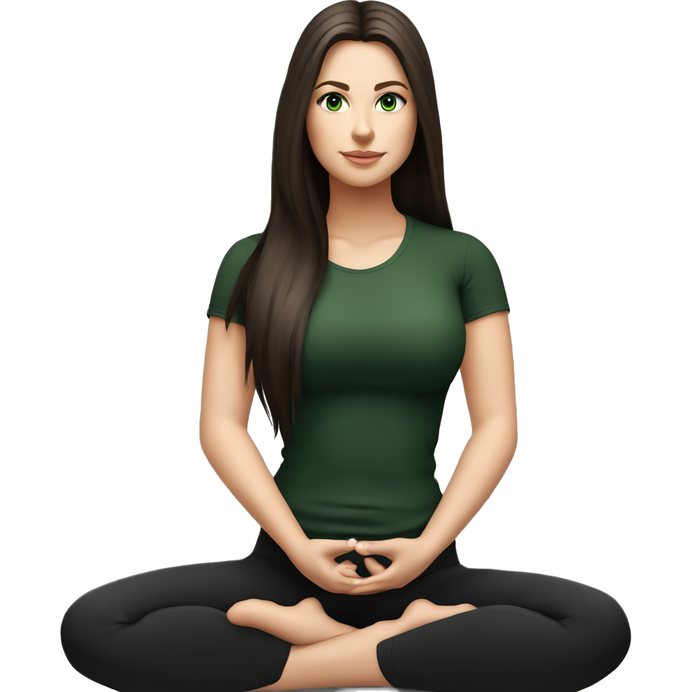 Beautiful white girl with perfect dark brown long straight amazing hair and green eyes sitting in yoga pose with black outfit (short sleeve top)