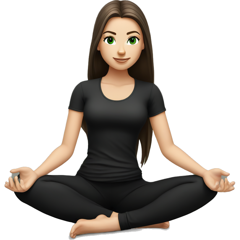 Beautiful white girl with perfect dark brown long straight amazing hair and green eyes sitting in yoga pose with black outfit (short sleeve top)