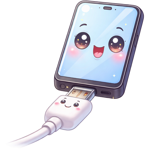 A really new large black, skinny smart phone, a blue glass screen, looking at the very obvious, larger than normal, USB charging port that sticks out from the bottom of the phone. It is being plugged in. They are waiting and really excited