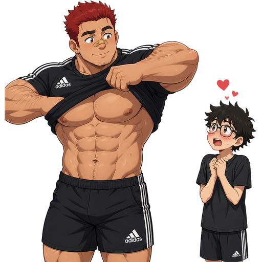A Comic book story of a Bulky and muscular ANIME Cute Bara Man Who looks Normal and American with a round facial Structure and Basic facial structure With Big Pecs and Biceps and Bandaid on his nose. Wearing an Adidas Jersey and shorts with Scarlet Red hair and named Thomas. With Blake a Skinny and small Kid with a huge crush on Thomas. One day Thomas at Practice. And Thomas Taking off his shirt. And Find Blake staring at him