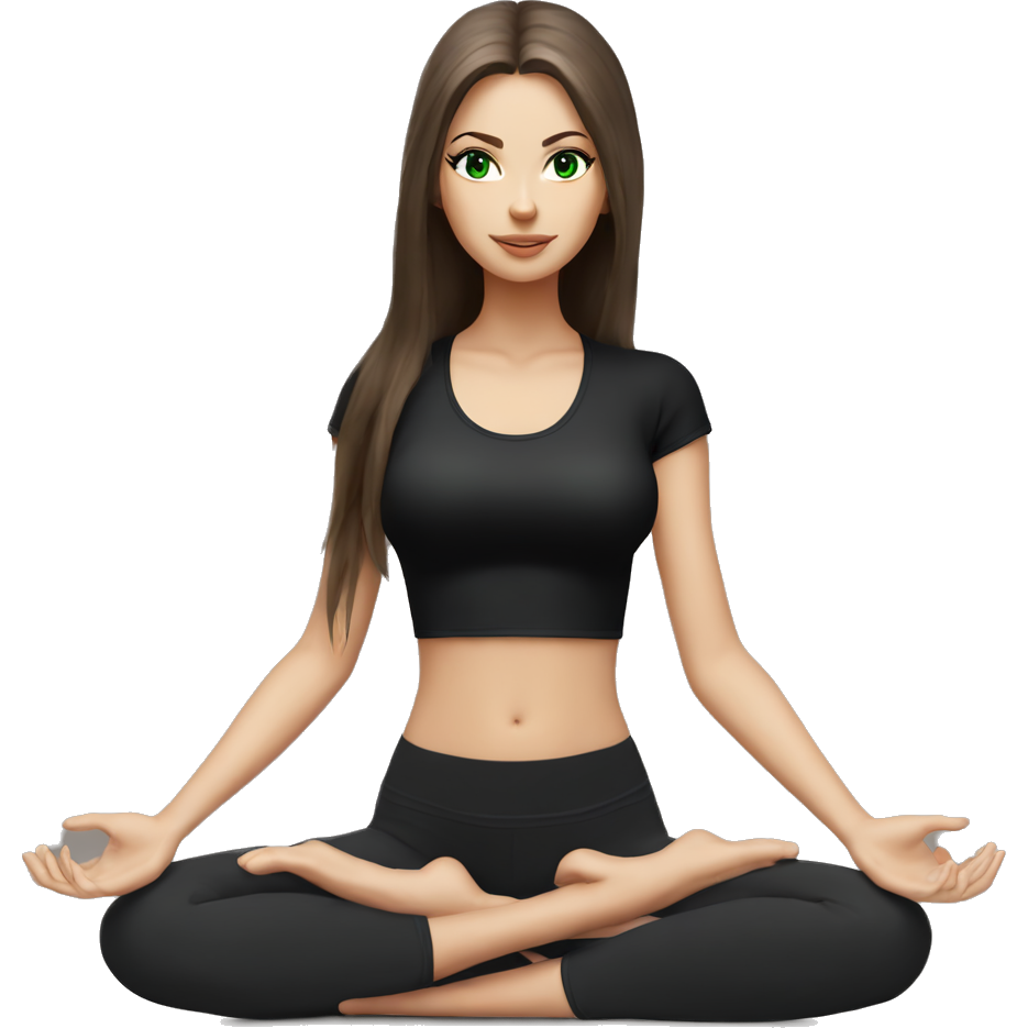 Beautiful white girl with perfect dark brown long straight amazing hair and green eyes sitting in yoga pose with black outfit (short sleeve top)