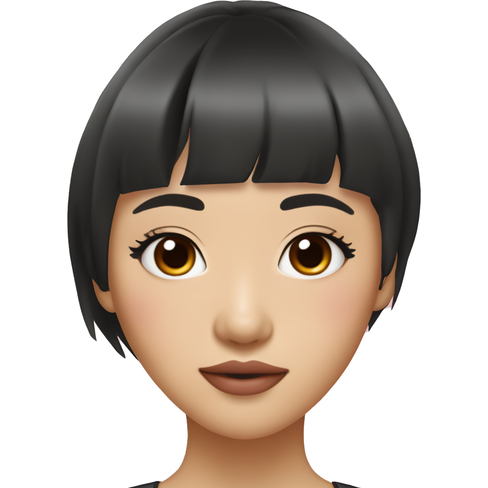Asian woman in her 20s with thin double eyelids, bangs and mid-short hair, hair color black, with a mole on her nose, lips are light hot pink, lips are dark, lips are dark, light pink blusher