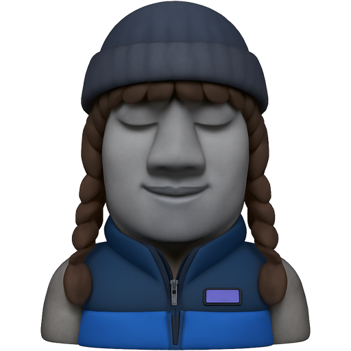 official Apple Moai grey stone statue wearing a Patagonia vest and beanie; cute long braided pigtails hair with bangs