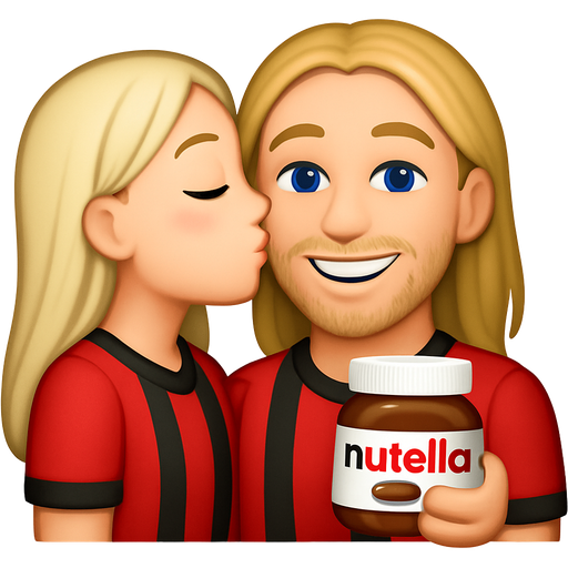 Create a girl with blonde/white long hair green eyes and cheeks who is wearing a red football jersey eith black stripes kissing a man on the cheeks who has long blonde hair blue eyes red jersey with black stripes and a little stubble smiling holding nutella jar