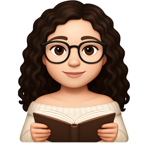 Create one white European Girl with glasses and with Brown Eyes with long dark brown curly hair. She holds an open book in her hands. She wears a cozy white off shoulder sweater.