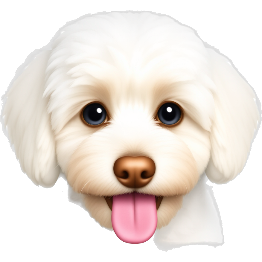 A Lhasa Apso poodle mix dog thats white with some light brownish orange splotches and a pink tongue hanging out and blue eyes