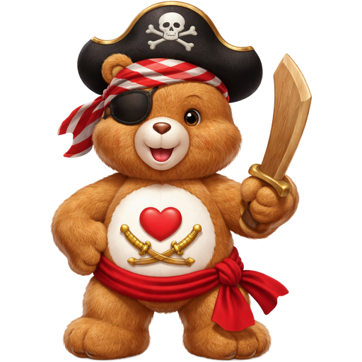 Shiver Me Light Brown Tembear Care Bear with a Red Heart a at the Bottom is are two Crossed Gold Swords Wearing an Eyepatch and a Black Pirate’s Hat along with a Headband and Cloth Red Belt and Holding a Wooden Pirate’s Sword