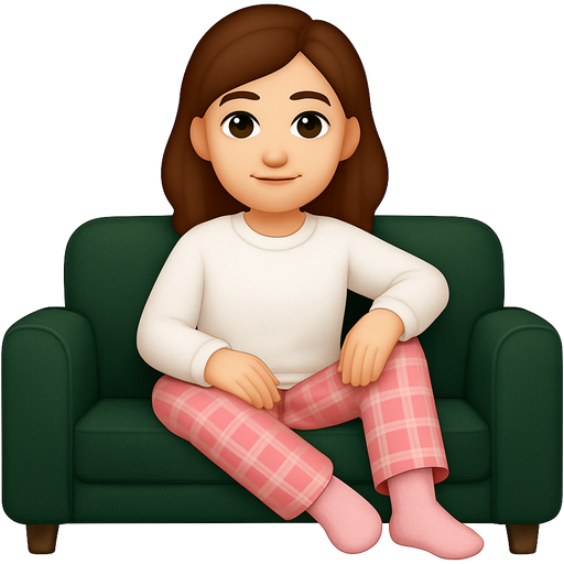 I have brown hair and I’m inna pink rutete pyjamas and I’m on a dark green sofa and my pants are pink and rutete and my jumper is white I have brown eyes